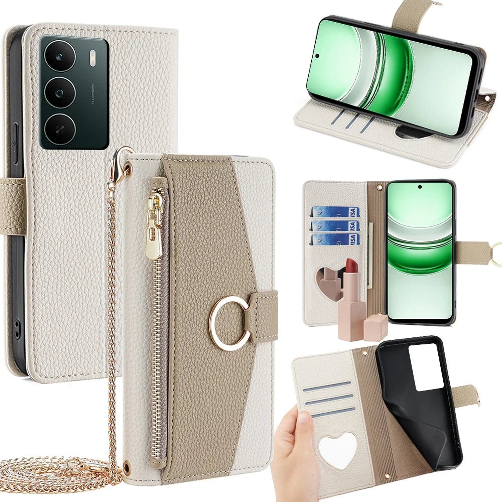 For Realme C71 4G Case Mirror Wallet Leather Phone Cover with Chain Shoulder Strap - White - 1