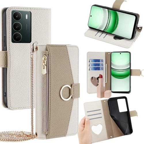For Realme C71 4G Case Mirror Wallet Leather Phone Cover with Chain Shoulder Strap - White - 1