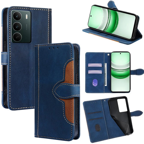 For Realme C71 4G Case Leather Wallet Phone Cover with Straw Hat Magnetic Clasp - Blue - 1