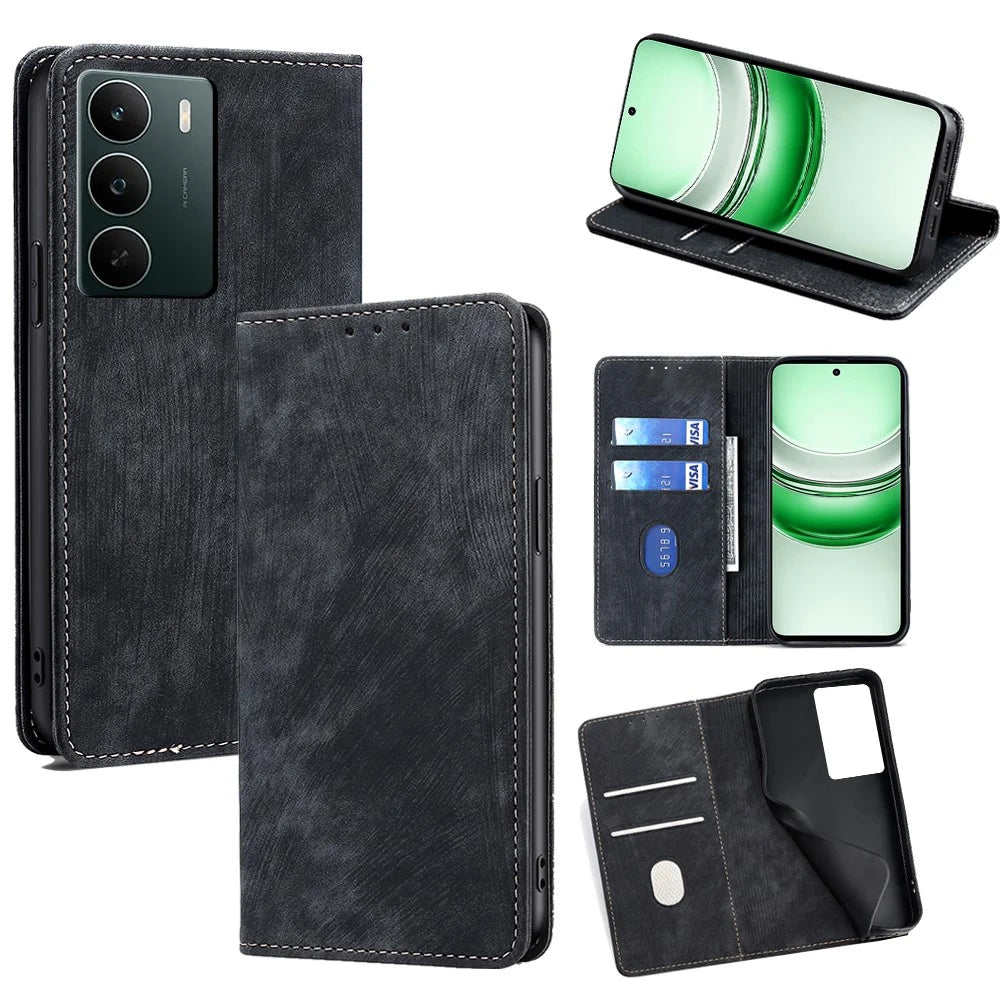 For Realme C71 4G Case RFID Blocking Wallet Foldable Stand Leather Phone Cover - Black - 1