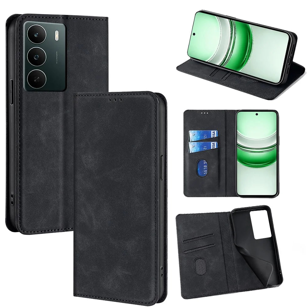 For Realme C71 4G Case Card Holder PU Leather Magnetic Closing Phone Cover - Black - 1