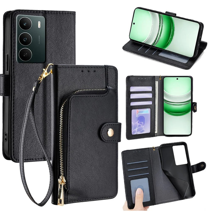 For Realme C71 4G Case Zipper Pocket PU Leather Wallet Flip Phone Cover - Black - 1