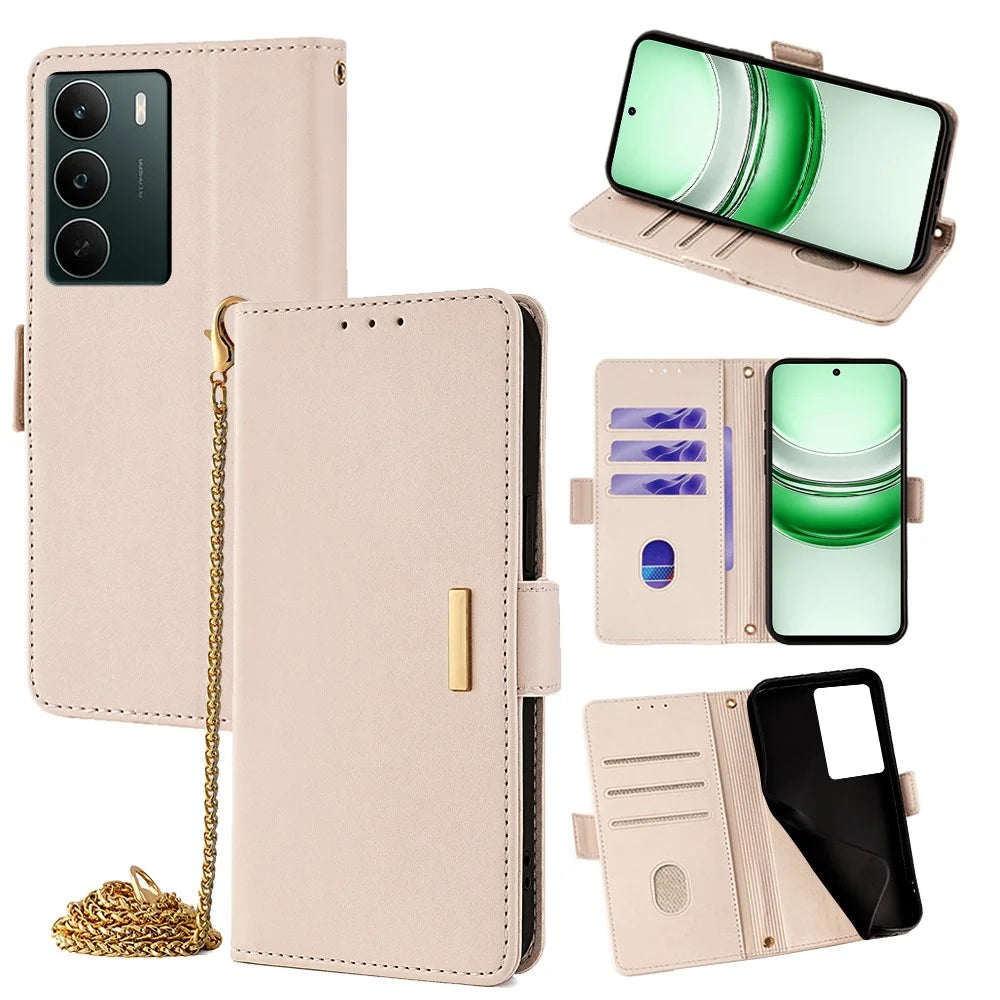 For Realme C71 4G Case PU Leather Wallet Stand Phone Cover with Crossbody Shoulder Strap - White - 1
