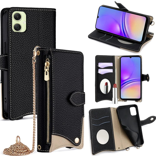 For Samsung Galaxy A05 4G Leather Case Wallet Stand Cover Irregular Tail Style with Chain Strap - Black - 1