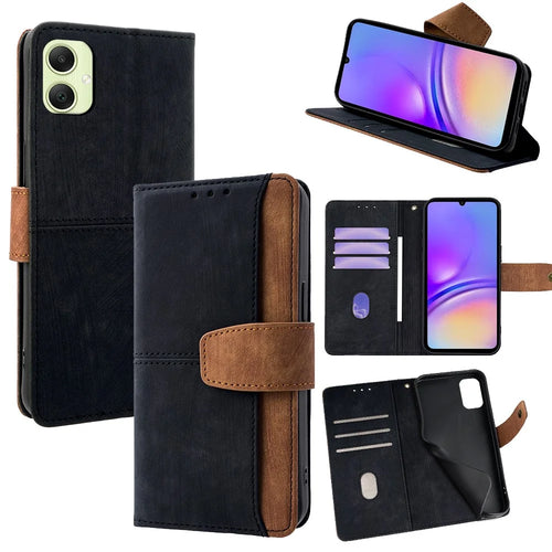 For Samsung Galaxy A05 4G Case RFID Blocking Color Splicing PU Leather Wallet Phone Cover - Black - 1
