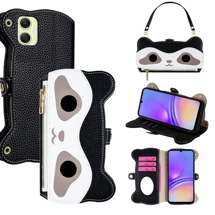 For Samsung Galaxy A05 4G Case Cute Raccoon Design PU Leather Phone Cover with Wrist Strap - Black - 1