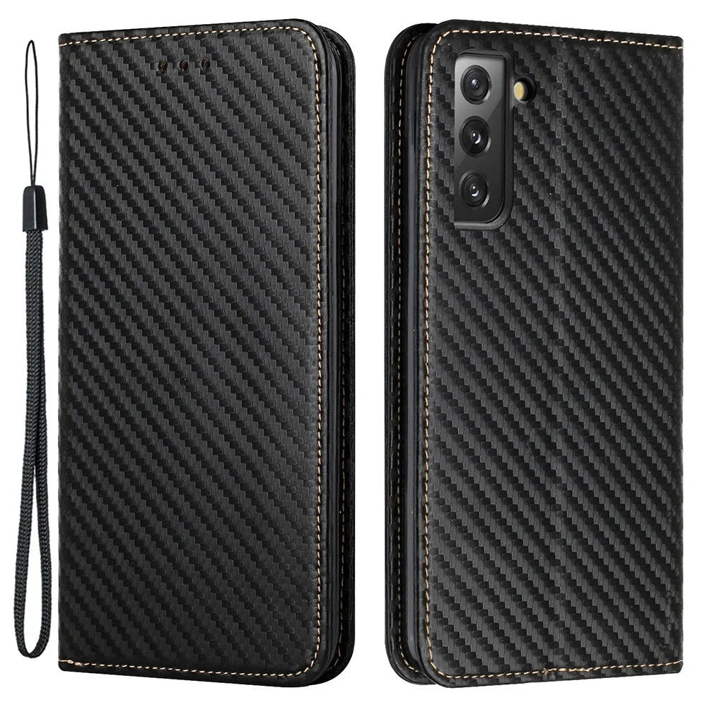 For Samsung Galaxy S23+ Carbon Fiber Texture PU Leather Stand Wallet Case Full Protection Auto Closing Magnetic Phone Cover - Black - 1