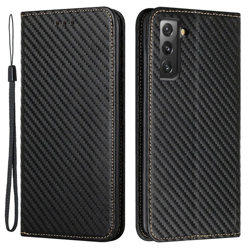 For Samsung Galaxy S23+ Carbon Fiber Texture PU Leather Stand Wallet Case Full Protection Auto Closing Magnetic Phone Cover - Black - 1