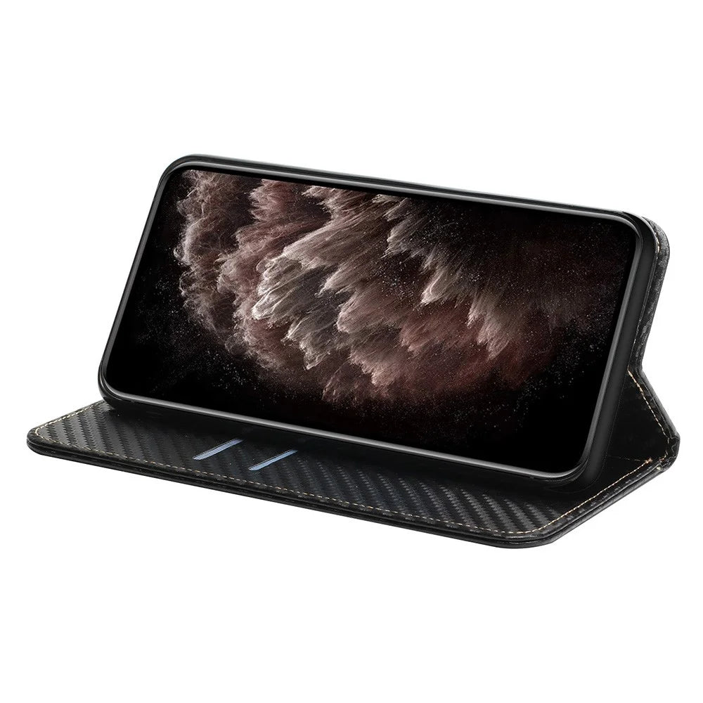 For Samsung Galaxy S23+ Carbon Fiber Texture PU Leather Stand Wallet Case Full Protection Auto Closing Magnetic Phone Cover - Black - 2
