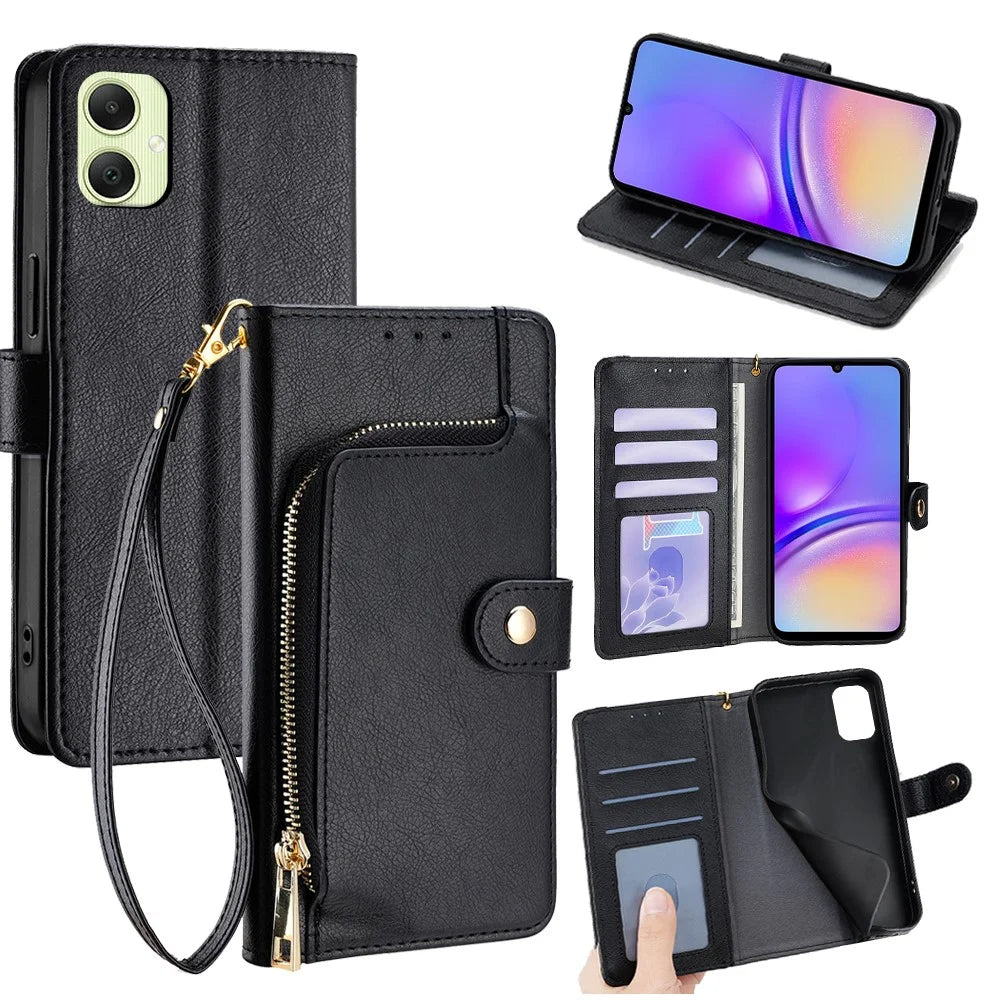 For Samsung Galaxy A05 4G Case Zipper Pocket PU Leather Wallet Flip Phone Cover with Wrist Strap - Black - 1