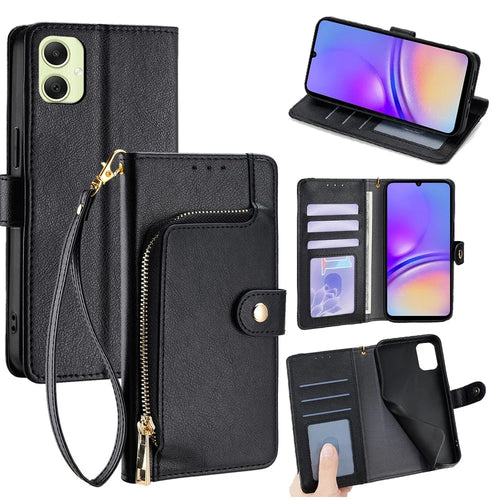 For Samsung Galaxy A05 4G Case Zipper Pocket PU Leather Wallet Flip Phone Cover with Wrist Strap - Black - 1