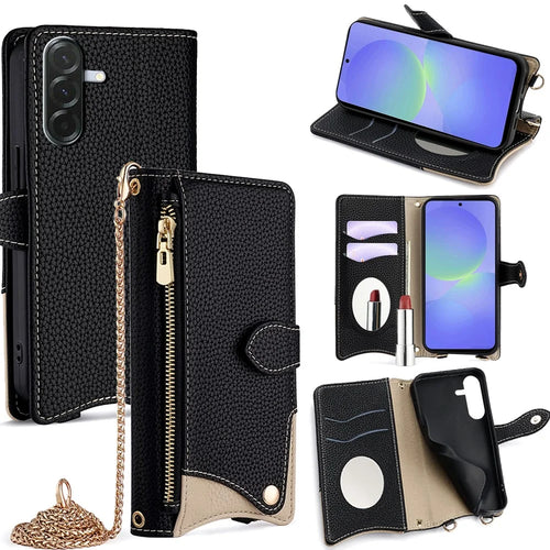 For Samsung Galaxy A36 5G Leather Case Wallet Stand Cover Irregular Tail Style with Chain Strap - Black - 1