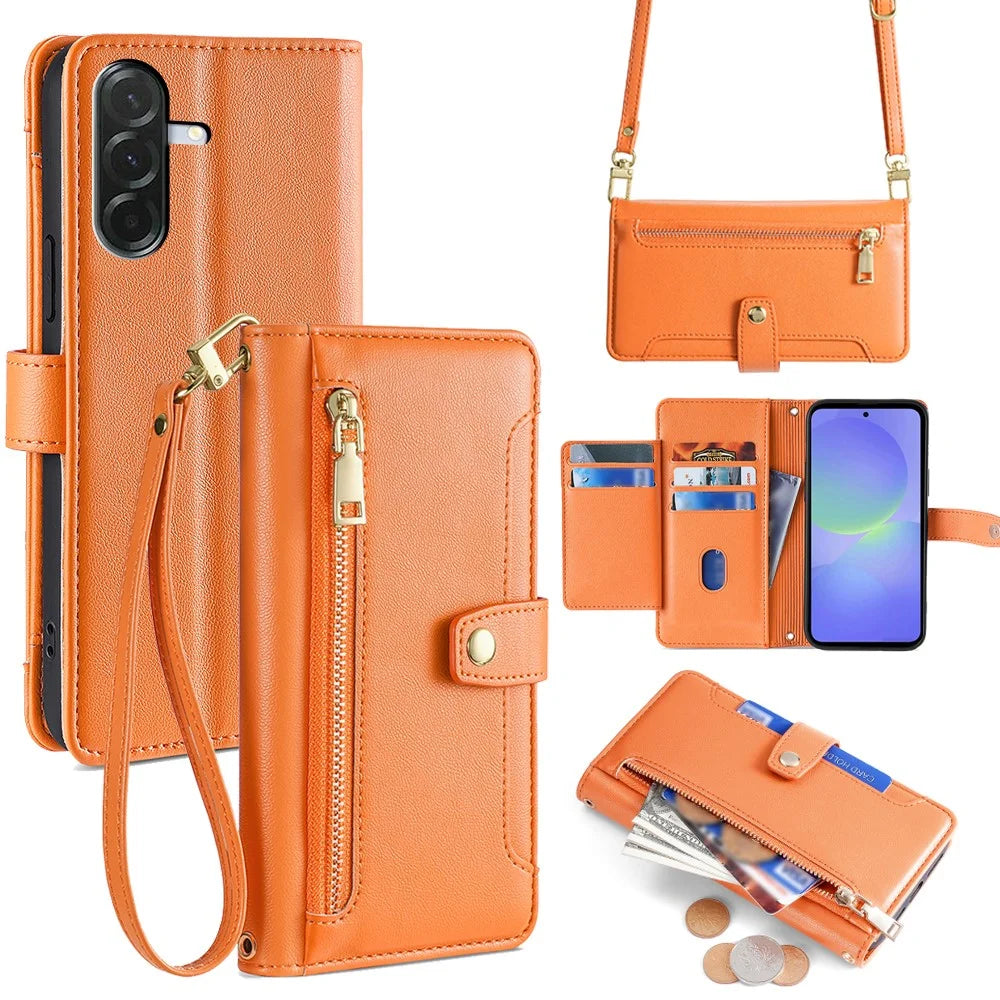 For Samsung Galaxy A36 5G Leather Case Zipper Pocket Wallet Phone Cover with 2 Straps - Orange - 1