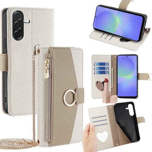 For Samsung Galaxy A36 5G Case Mirror Wallet Leather Phone Cover with Chain Shoulder Strap - White - 1