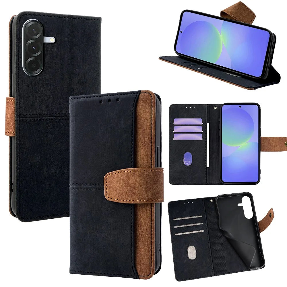 For Samsung Galaxy A36 5G Case RFID Blocking Color Splicing PU Leather Wallet Phone Cover - Black - 1