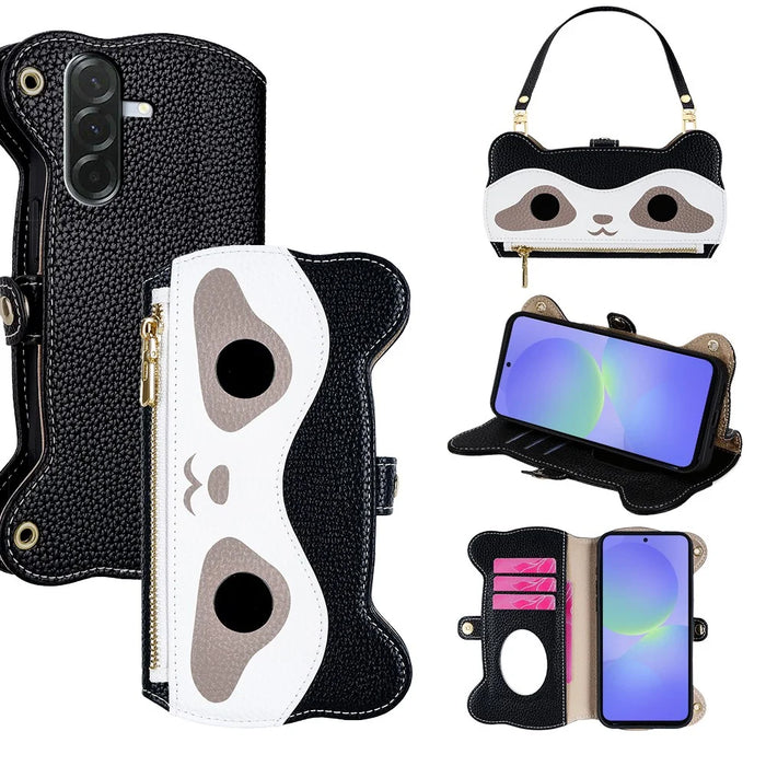 For Samsung Galaxy A36 5G Case Cute Raccoon Design PU Leather Phone Cover with Wrist Strap - Black - 1
