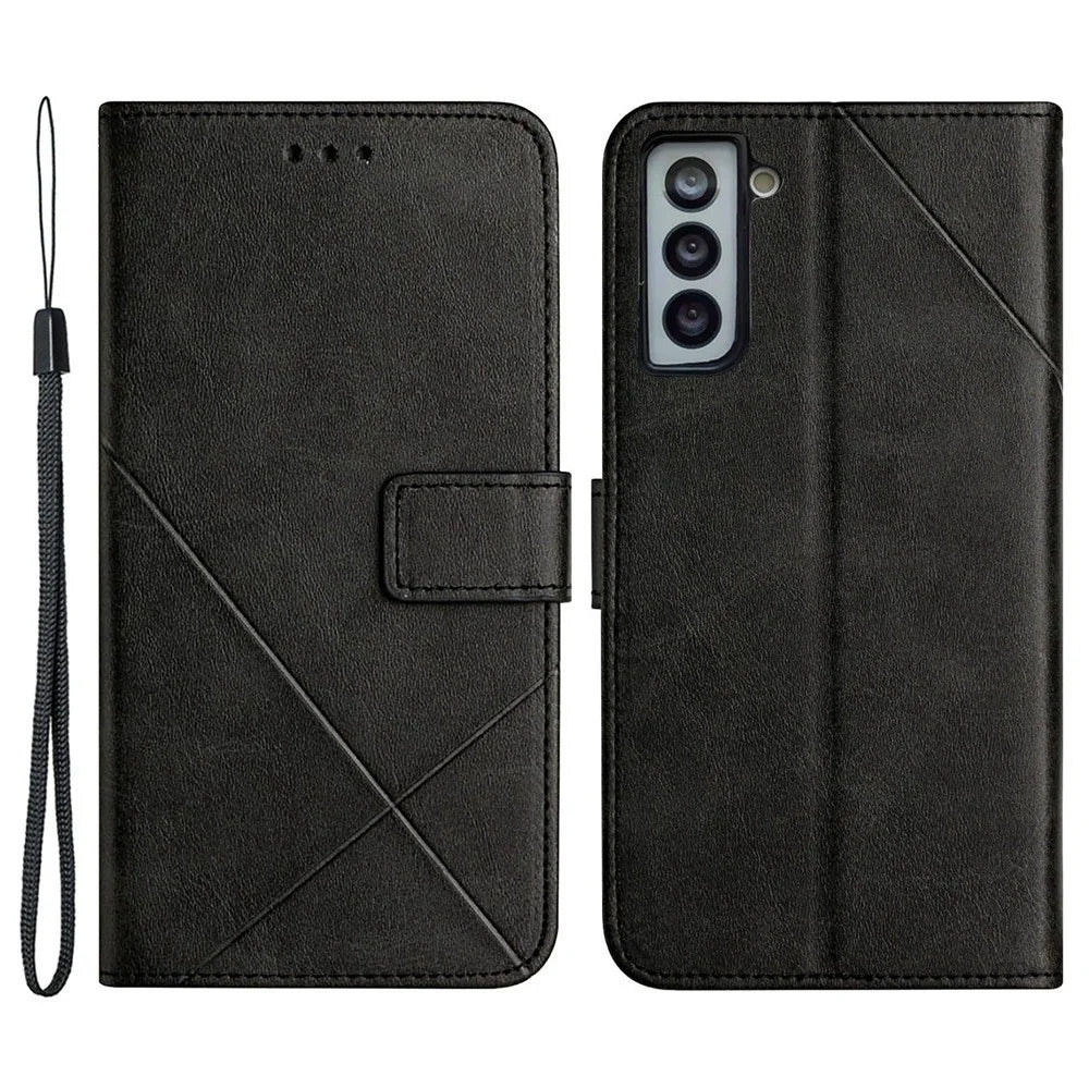 For Samsung Galaxy S23+ Drop-proof Line Imprinting Phone Case Solid Color PU Leather Magnetic Clasp Wallet Stand Flip Cover with Strap - Black - 1