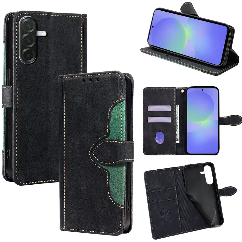 For Samsung Galaxy A36 5G Case Leather Wallet Phone Cover with Straw Hat Magnetic Clasp - Black - 1