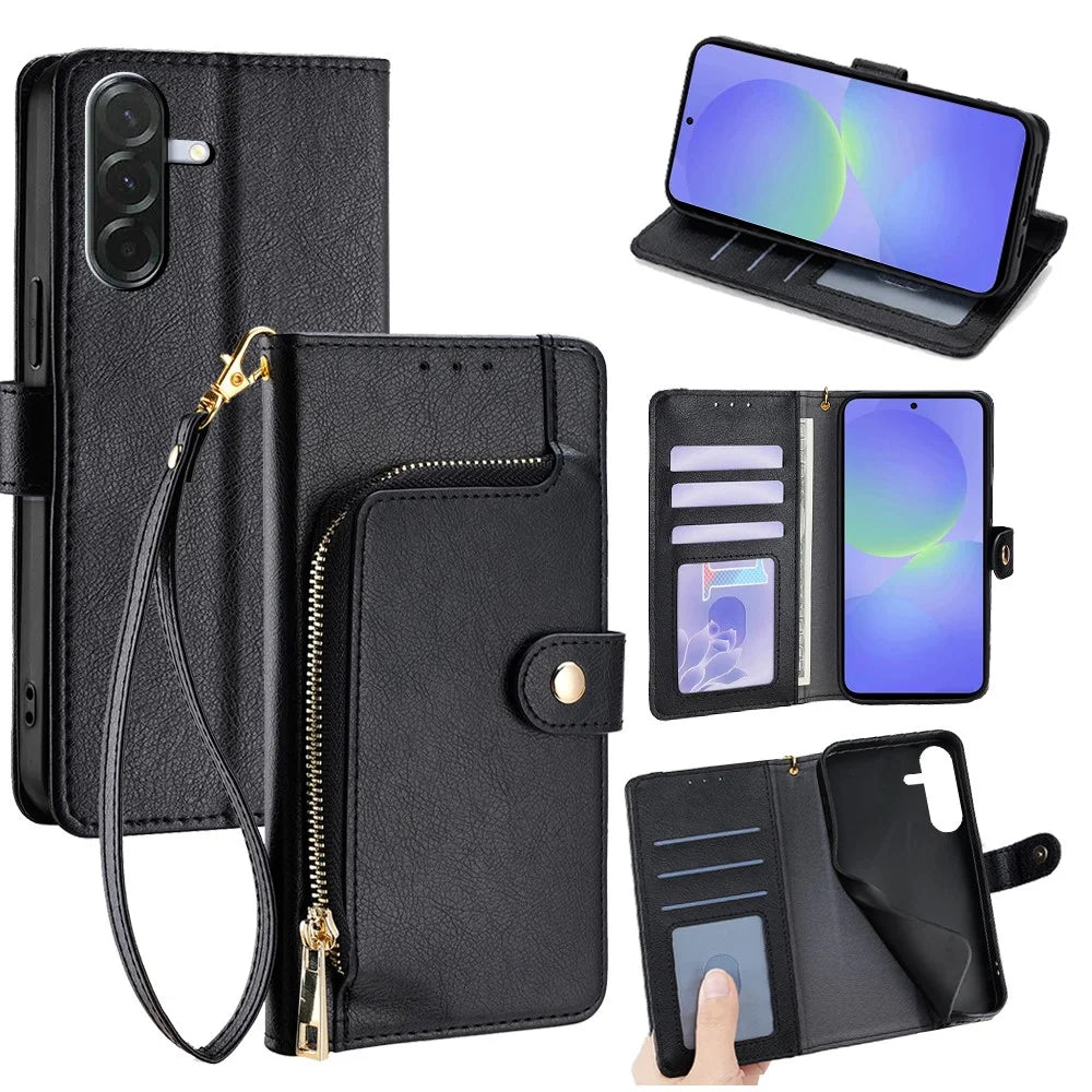 For Samsung Galaxy A36 5G Case Zipper Pocket PU Leather Wallet Flip Phone Cover with Wrist Strap - Black - 1