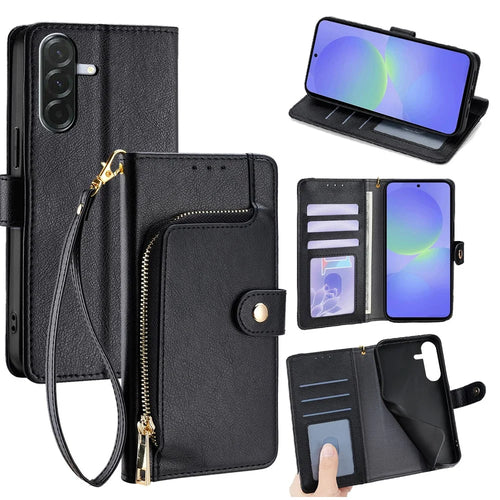 For Samsung Galaxy A36 5G Case Zipper Pocket PU Leather Wallet Flip Phone Cover with Wrist Strap - Black - 1