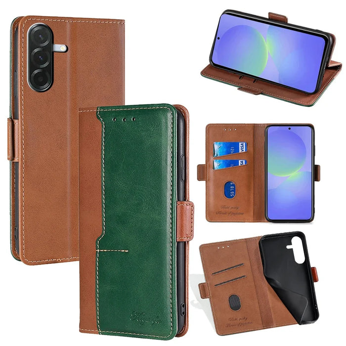 For Samsung Galaxy A36 5G Case Contrast Color Wallet Leather Phone Cover - Light Brown + Green - 1