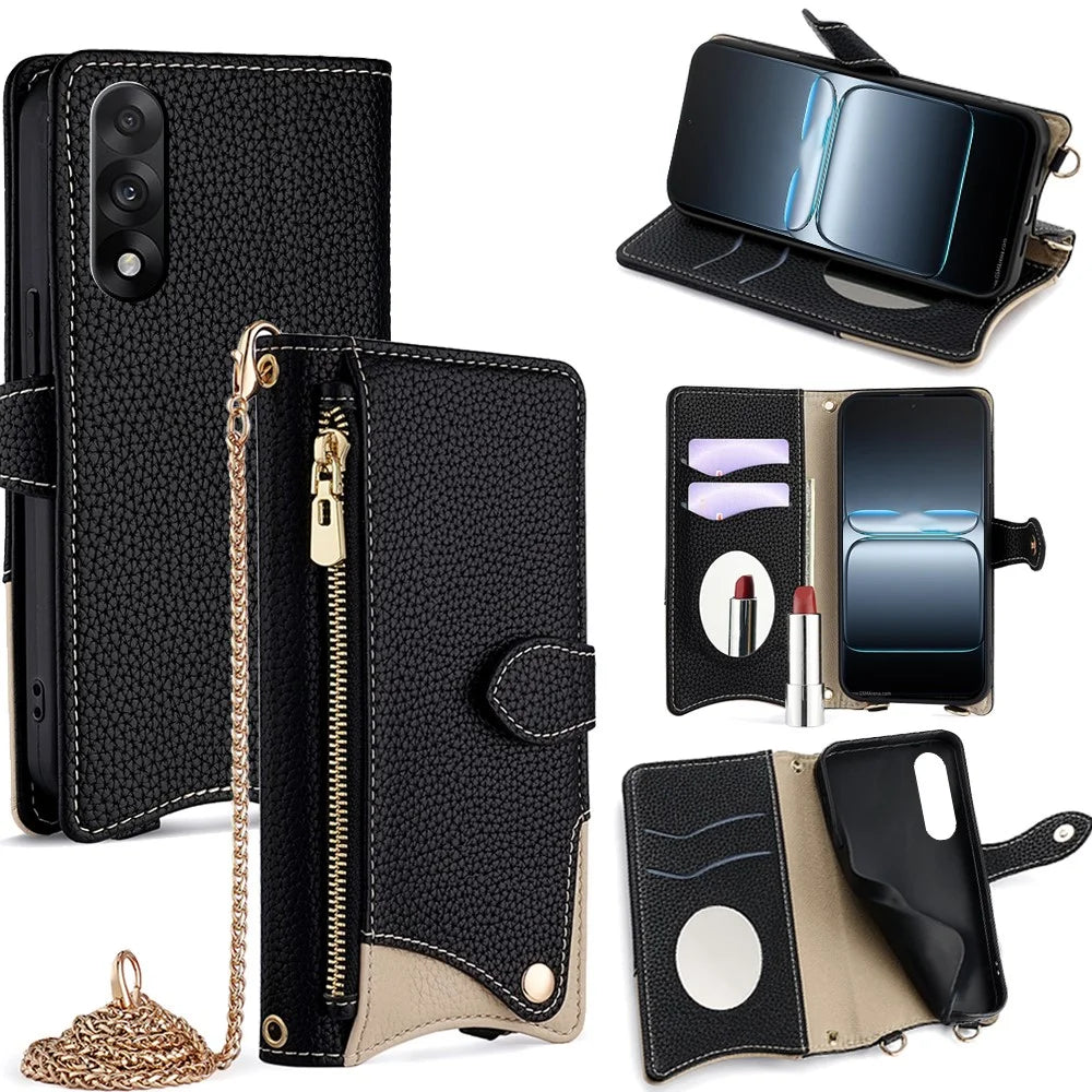 For OnePlus Ace 5 Ultra 5G / Nord 5 5G Leather Case Wallet Stand Cover Irregular Tail Style with Chain Strap - Black - 1