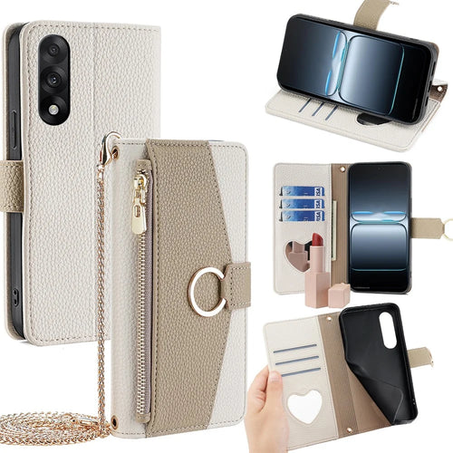 For OnePlus Ace 5 Ultra 5G / Nord 5 5G Case Mirror Wallet Leather Phone Cover with Chain Shoulder Strap - White - 1
