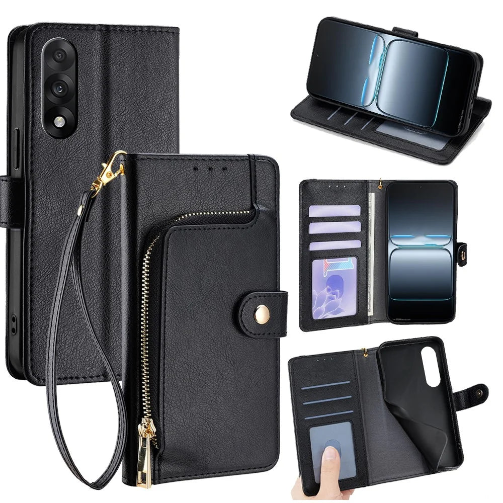 For OnePlus Ace 5 Ultra 5G / Nord 5 5G Case Zipper Pocket PU Leather Wallet Flip Phone Cover with Wrist Strap - Black - 1