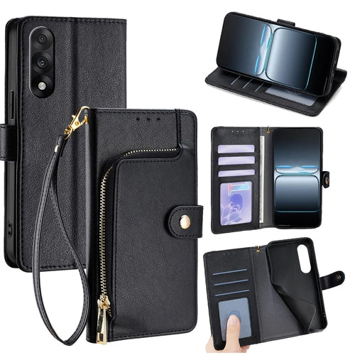 For OnePlus Ace 5 Ultra 5G / Nord 5 5G Case Zipper Pocket PU Leather Wallet Flip Phone Cover with Wrist Strap - Black - 1