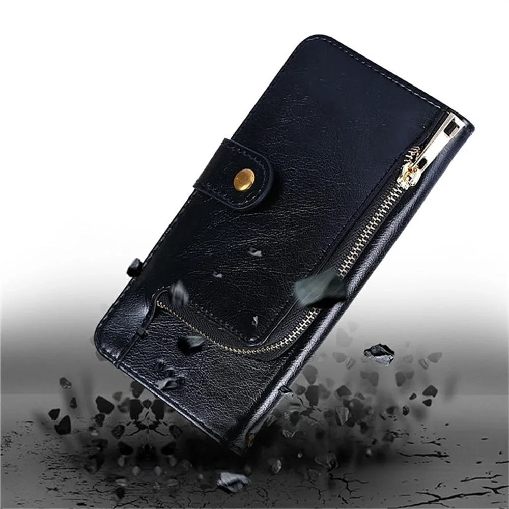 For OnePlus Ace 5 Ultra 5G / Nord 5 5G Case Zipper Pocket PU Leather Wallet Flip Phone Cover with Wrist Strap - Black - 6
