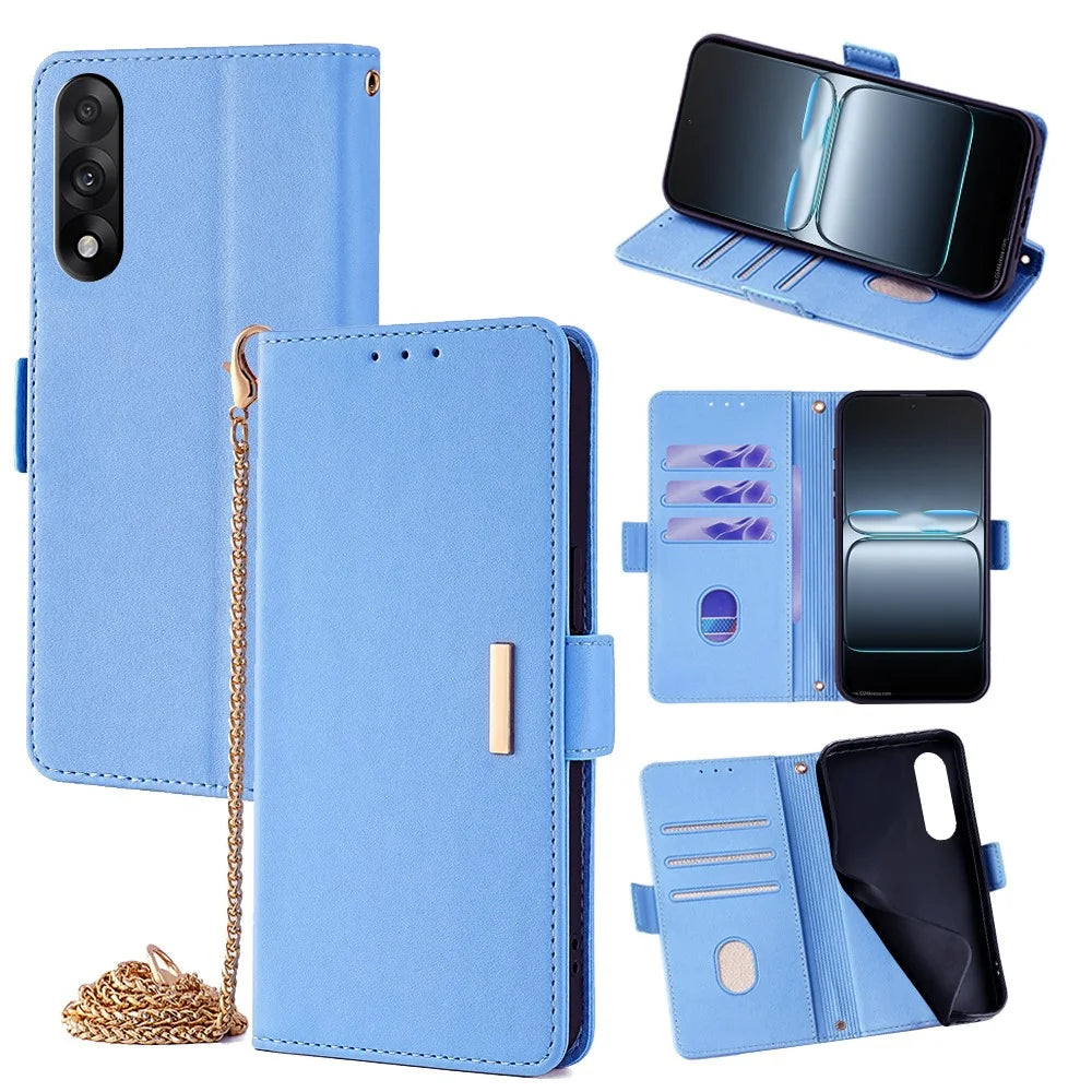For OnePlus Nord 5 5G / Ace 5 Ultra 5G Case PU Leather Wallet Stand Phone Cover with Crossbody Shoulder Strap - Blue - 1