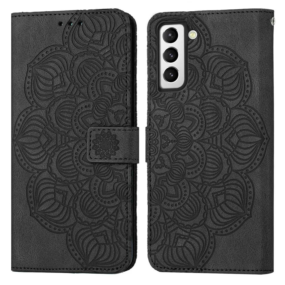 For Samsung Galaxy S23+ Mandala Flower Imprinted Folio Flip Phone Case PU Leather Stand Wallet Cover with Strap - Black - 1