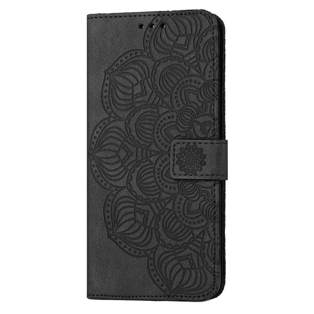 For Samsung Galaxy S23+ Mandala Flower Imprinted Folio Flip Phone Case PU Leather Stand Wallet Cover with Strap - Black - 7