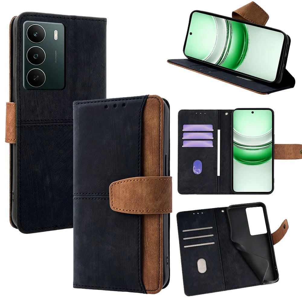 For Realme C71 4G Case RFID Blocking Color Splicing PU Leather Wallet Phone Cover - Black - 1