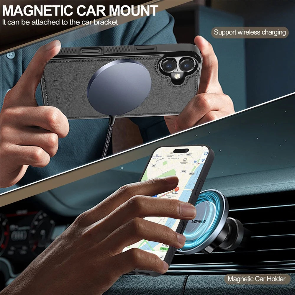LC.IMEEKE For iPhone 17 Magnetic Case Compatible with MagSafe Leather + TPU Back Cover - Black - 4