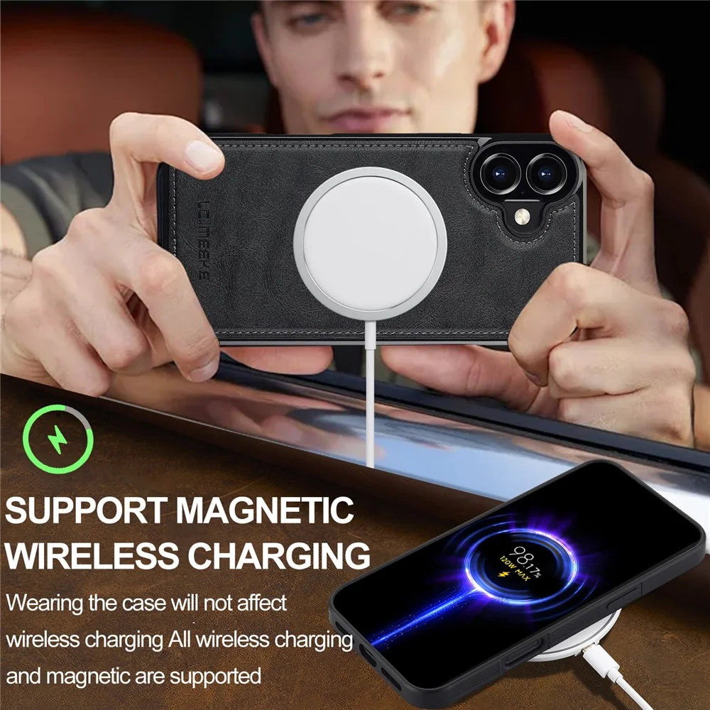 LC.IMEEKE For iPhone 17 Magnetic Case Compatible with MagSafe Leather + TPU Back Cover - Black - 7