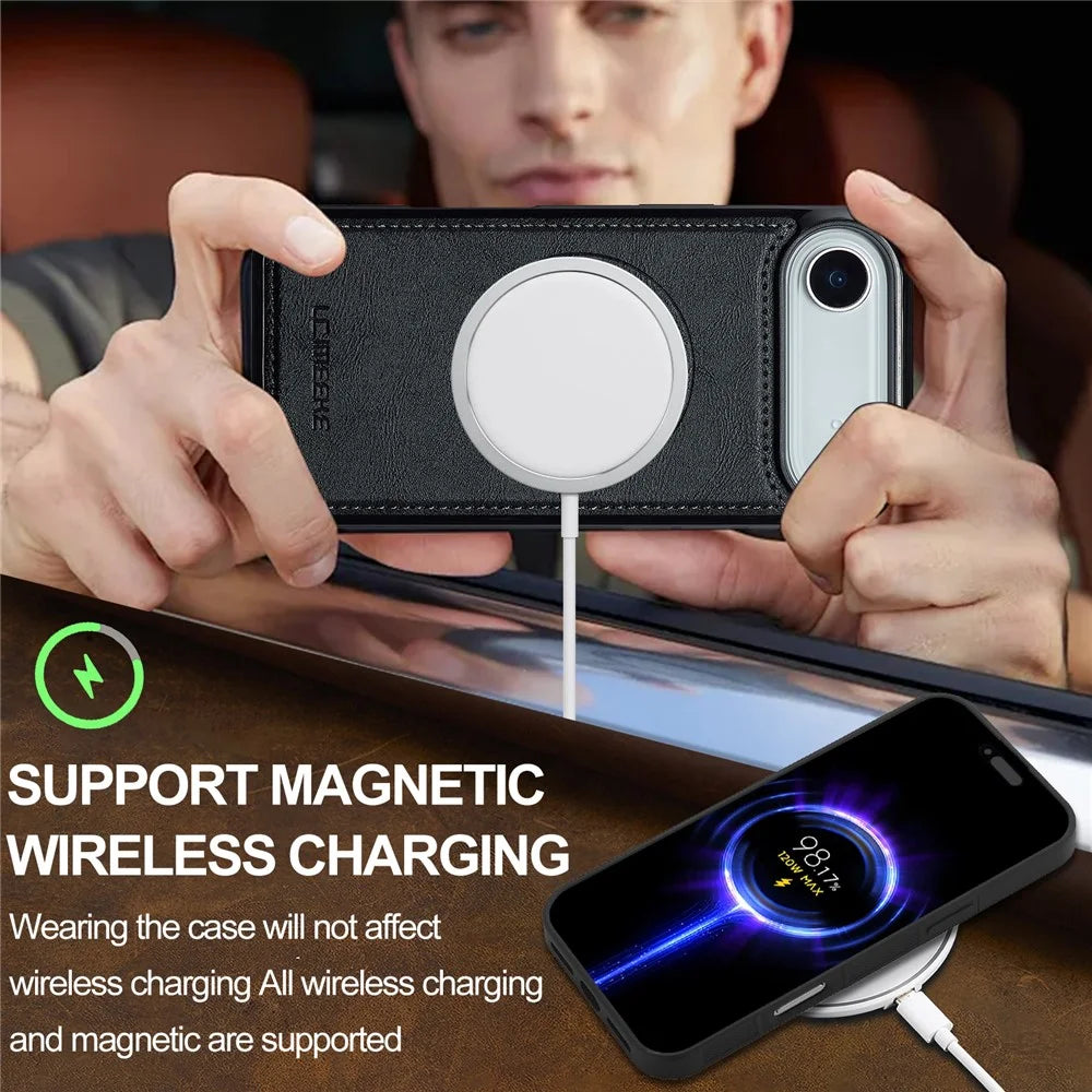 LC.IMEEKE For iPhone Air Magnetic Case Compatible with MagSafe Leather + TPU Back Cover - Black - 6