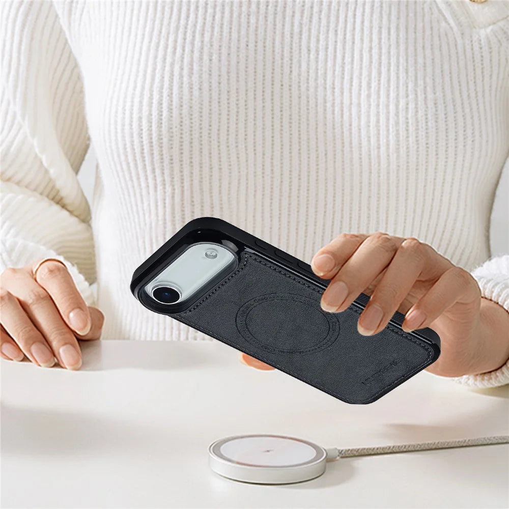 LC.IMEEKE For iPhone Air Magnetic Case Compatible with MagSafe Leather + TPU Back Cover - Black - 7