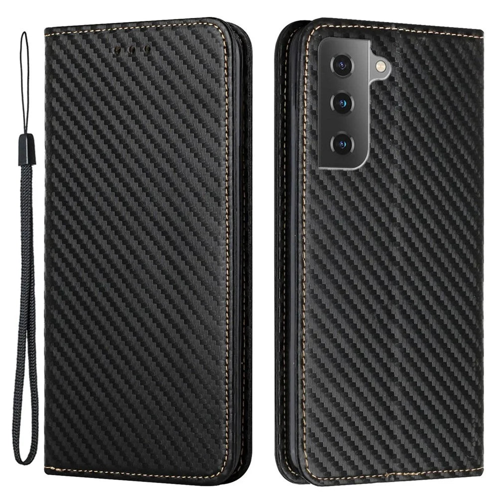 For Samsung Galaxy S23 Carbon Fiber Texture PU Leather Case Magnetic Auto-absorbed Wallet Stand Folio Flip Phone Cover - Black - 1