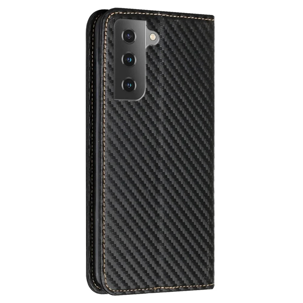 For Samsung Galaxy S23 Carbon Fiber Texture PU Leather Case Magnetic Auto-absorbed Wallet Stand Folio Flip Phone Cover - Black - 7