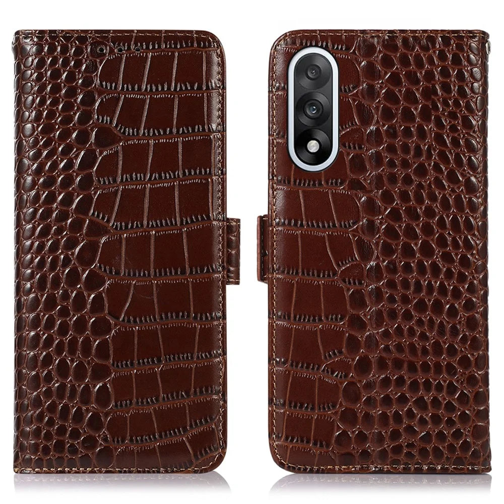 For OnePlus Ace 5 Ultra 5G / Nord 5 5G Case RFID Blocking Wallet Crocodile Texture Genuine Cow Leather Phone Cover - Brown - 1
