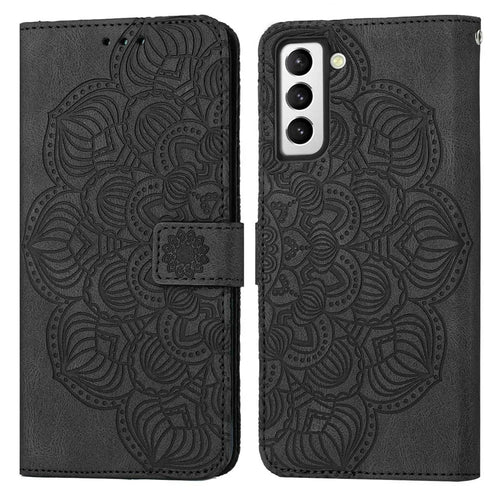 For Samsung Galaxy S23 Mandala Flower Imprinted PU Leather Stand Case Magnetic Clasp Phone Wallet Cover - Black - 1