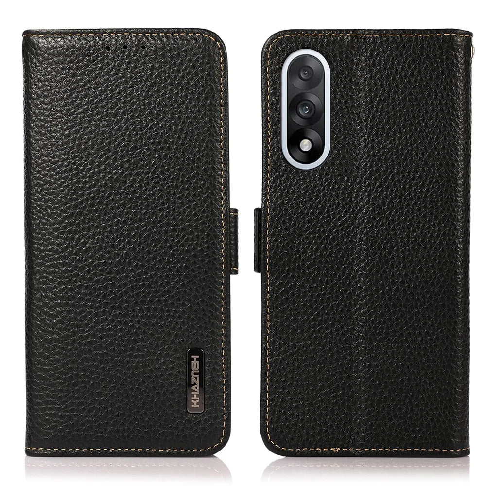 KHAZNEH for OnePlus Nord 5 5G / Ace 5 Ultra 5G Phone Case Genuine Cow Leather Cover RFID Blocking - Black - 1
