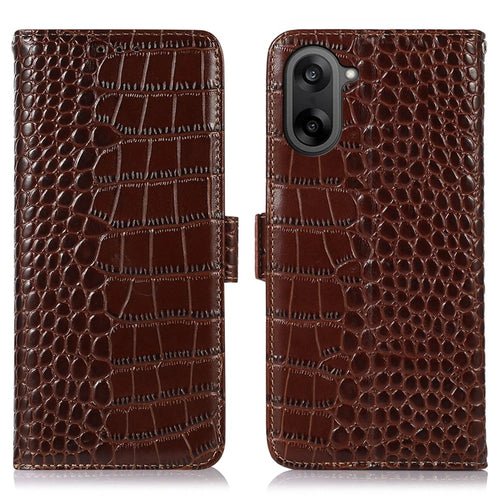 For OnePlus Nord CE5 5G / Ace 5 Racing 5G Case RFID Blocking Wallet Crocodile Texture Genuine Cow Leather Phone Cover - Brown - 1