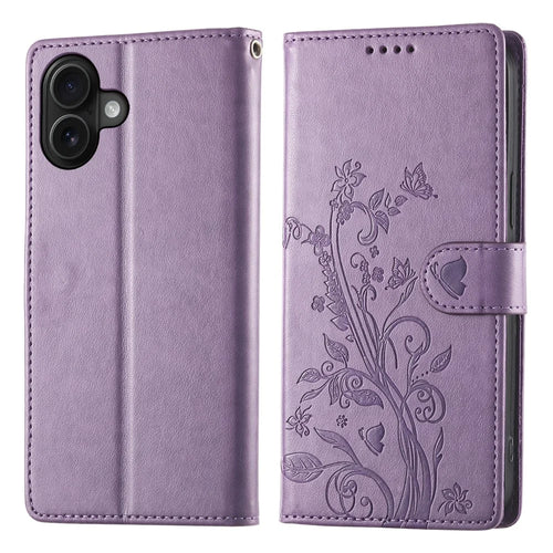 For iPhone 17 Wallet Case Butterfly Floral Imprint PU Leather Phone Cover with Wrist Strap - Purple - 1