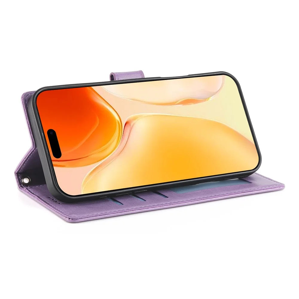 For iPhone 17 Wallet Case Butterfly Floral Imprint PU Leather Phone Cover with Wrist Strap - Purple - 2