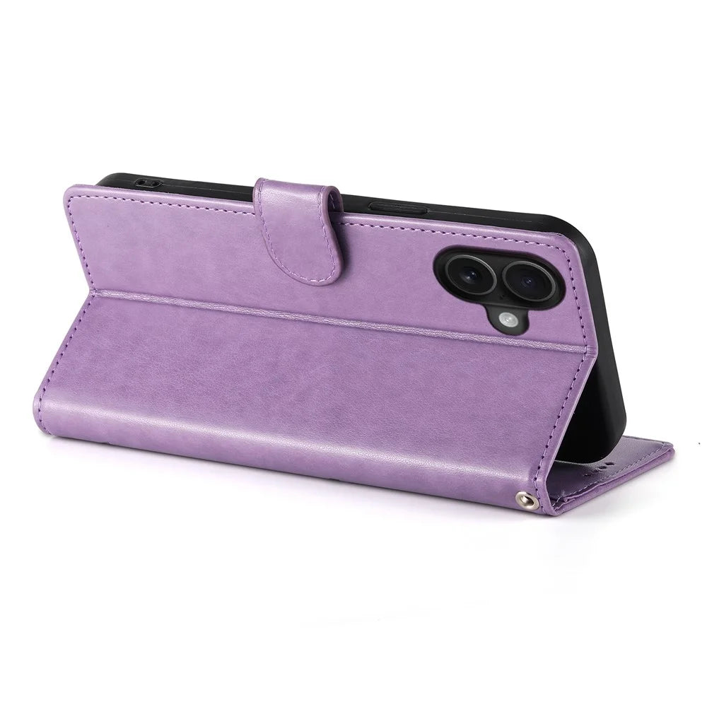 For iPhone 17 Wallet Case Butterfly Floral Imprint PU Leather Phone Cover with Wrist Strap - Purple - 3