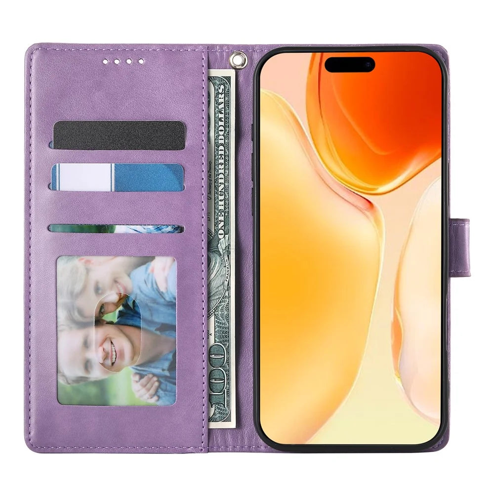 For iPhone 17 Wallet Case Butterfly Floral Imprint PU Leather Phone Cover with Wrist Strap - Purple - 4