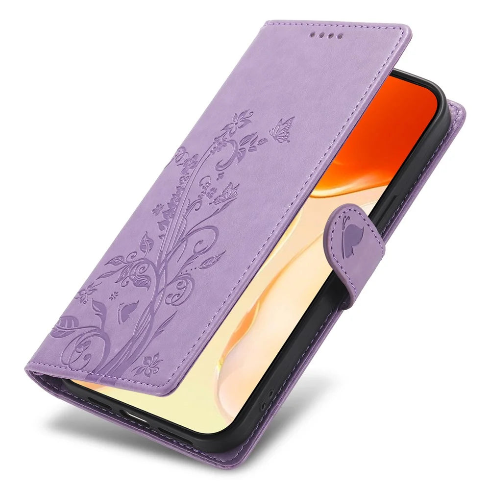 For iPhone 17 Wallet Case Butterfly Floral Imprint PU Leather Phone Cover with Wrist Strap - Purple - 5