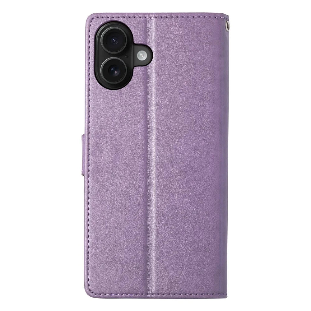 For iPhone 17 Wallet Case Butterfly Floral Imprint PU Leather Phone Cover with Wrist Strap - Purple - 7